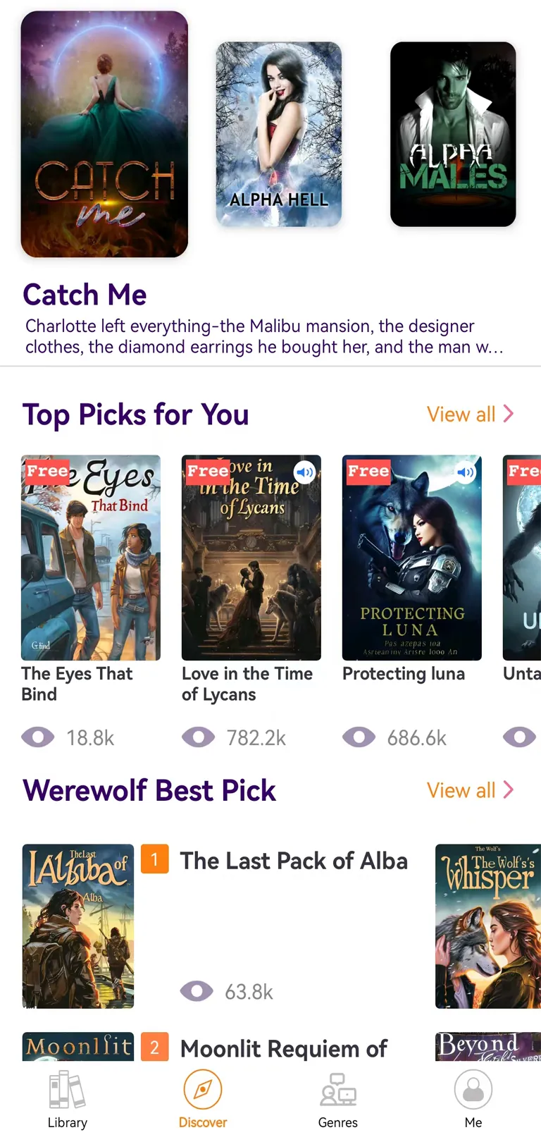 Romance Reads app interface showing romance reads and audiobooks